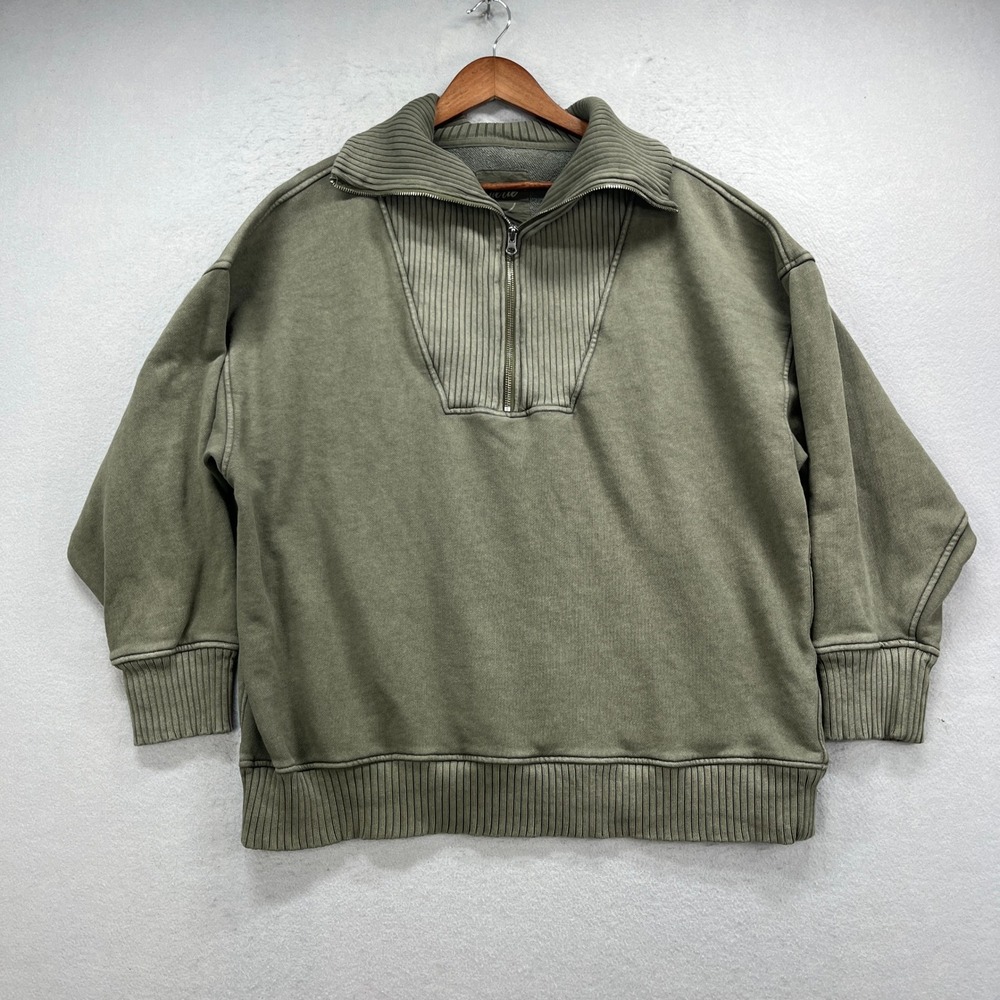 Aerie Quarter Zip Pullover Women XL Green Ribbed Fisherman Sweatshirt Gorpcore